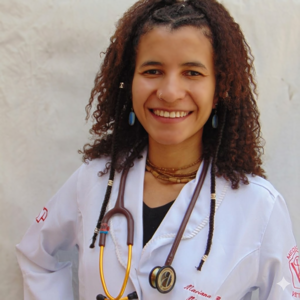 Dra. Mariana Rodrigues ao lado de um papagaio e uma iguana